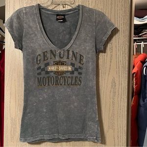 Harley Davidson Grey Gray V Neck TShirt Short Sleeve TieDye Motorcycle Y2K 2000s